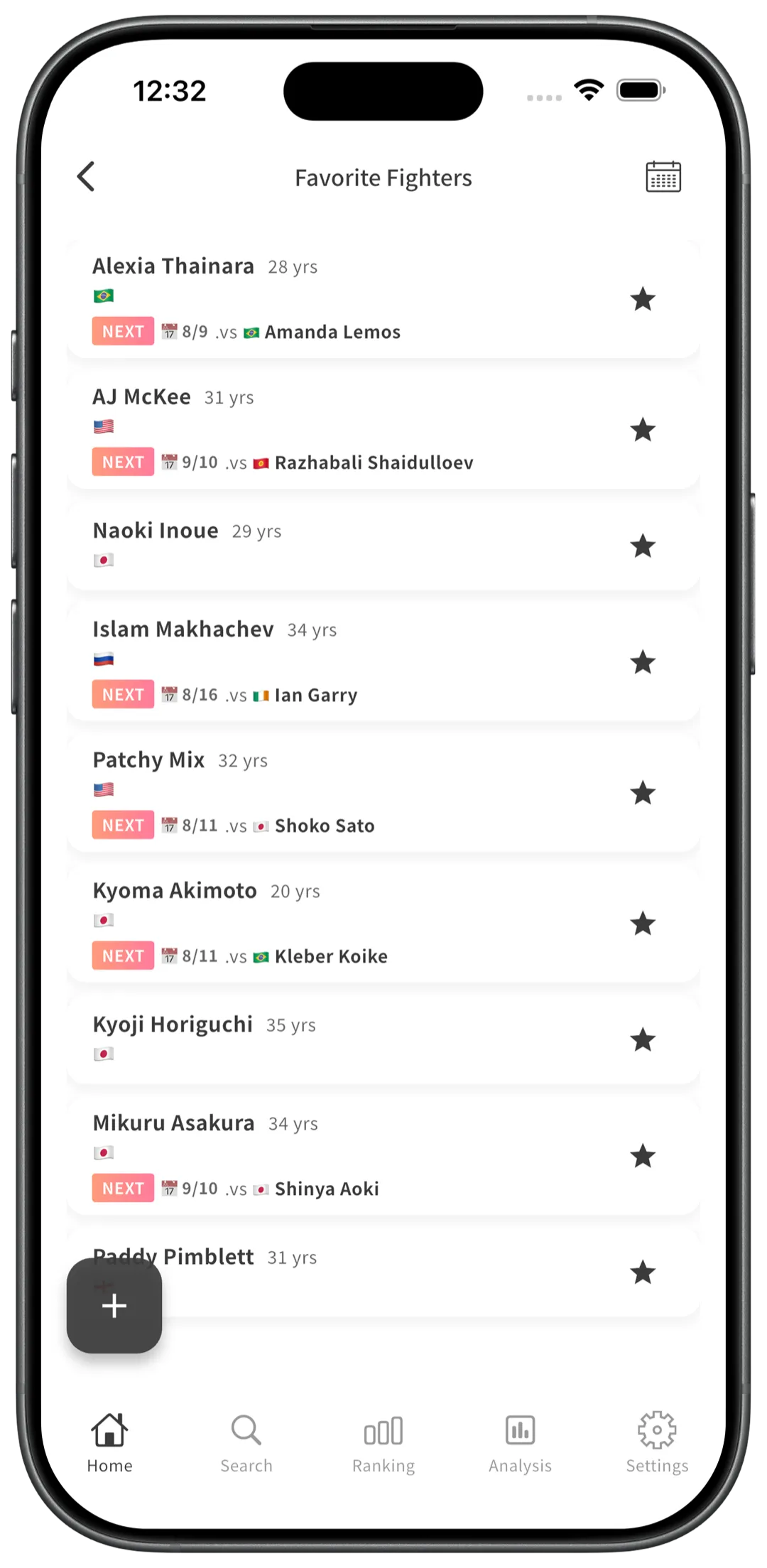 Favorite your fighters and never miss their next fight